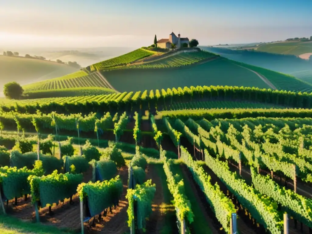 Bodegas francesas cultivo sostenible: viñedo al amanecer con niebla matinal y colinas pintorescas