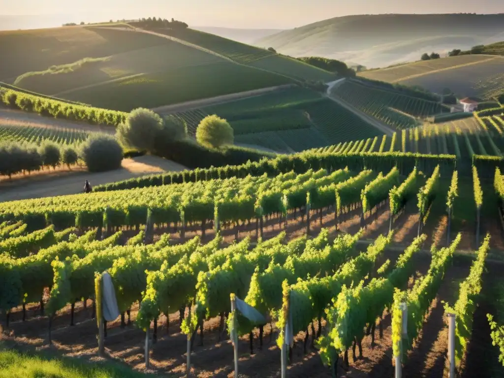 Bodegas francesas cultivo sostenible: atardecer dorado sobre viñedos, trabajadores cosechando uvas a mano en una pintoresca bodega