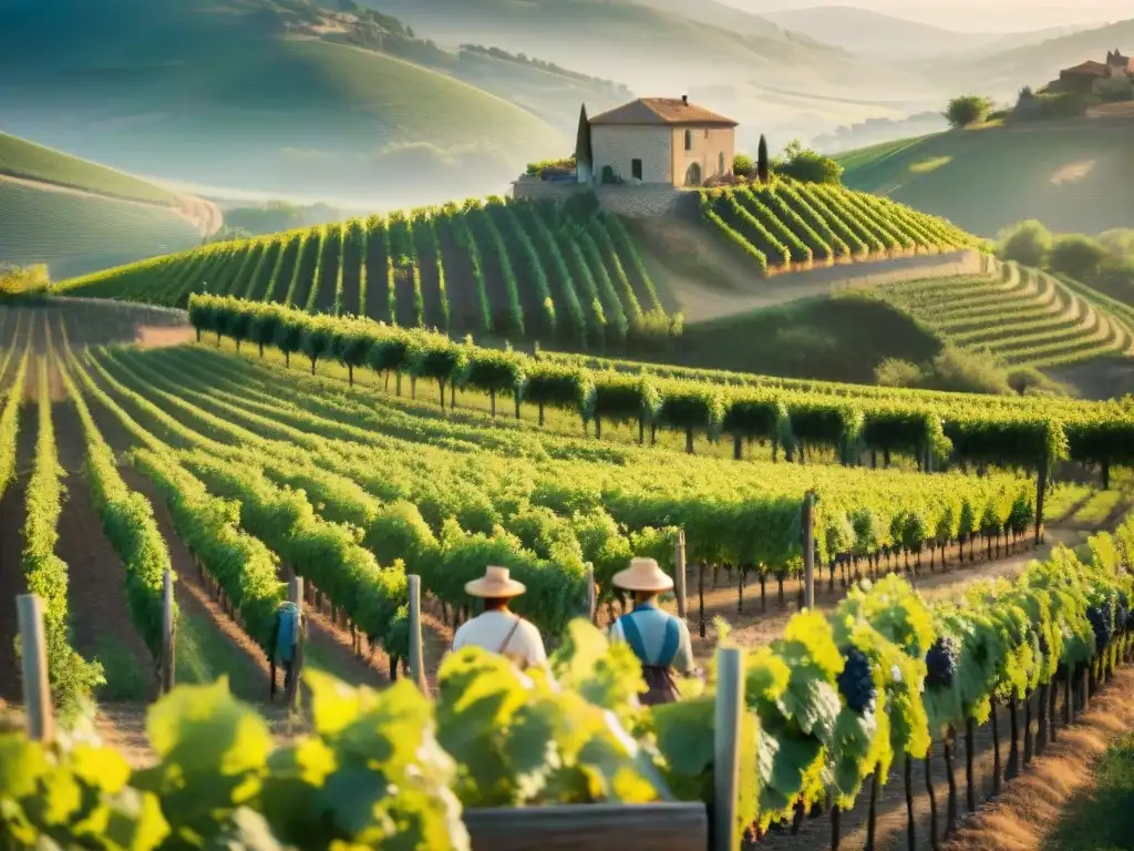 Bodegas francesas cultivo sostenible: Viñedo dorado, trabajadores cuidando vides verdes con colinas y bodega al fondo