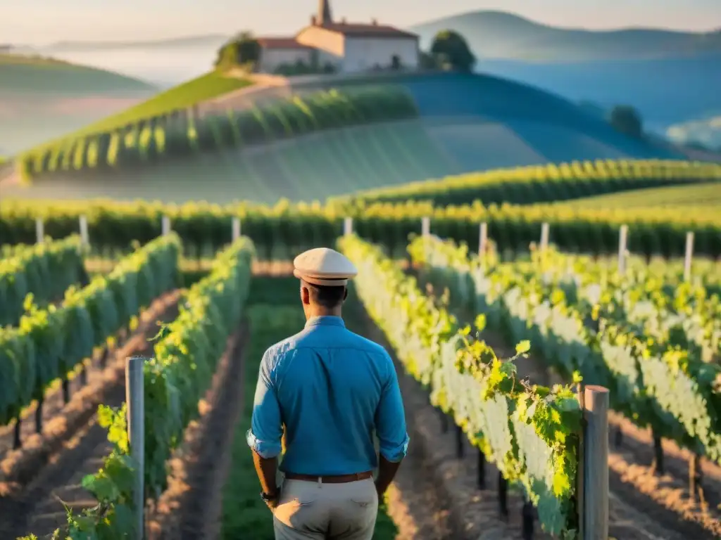 Bodegas francesas: cultivo sostenible en un viñedo al amanecer, con agricultores locales cuidando las vides