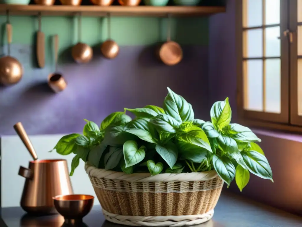 Un bodegón detallado de hojas de albahaca verde y morada, en cesta de mimbre en una cocina tradicional martiniqueña con plantas medicinales