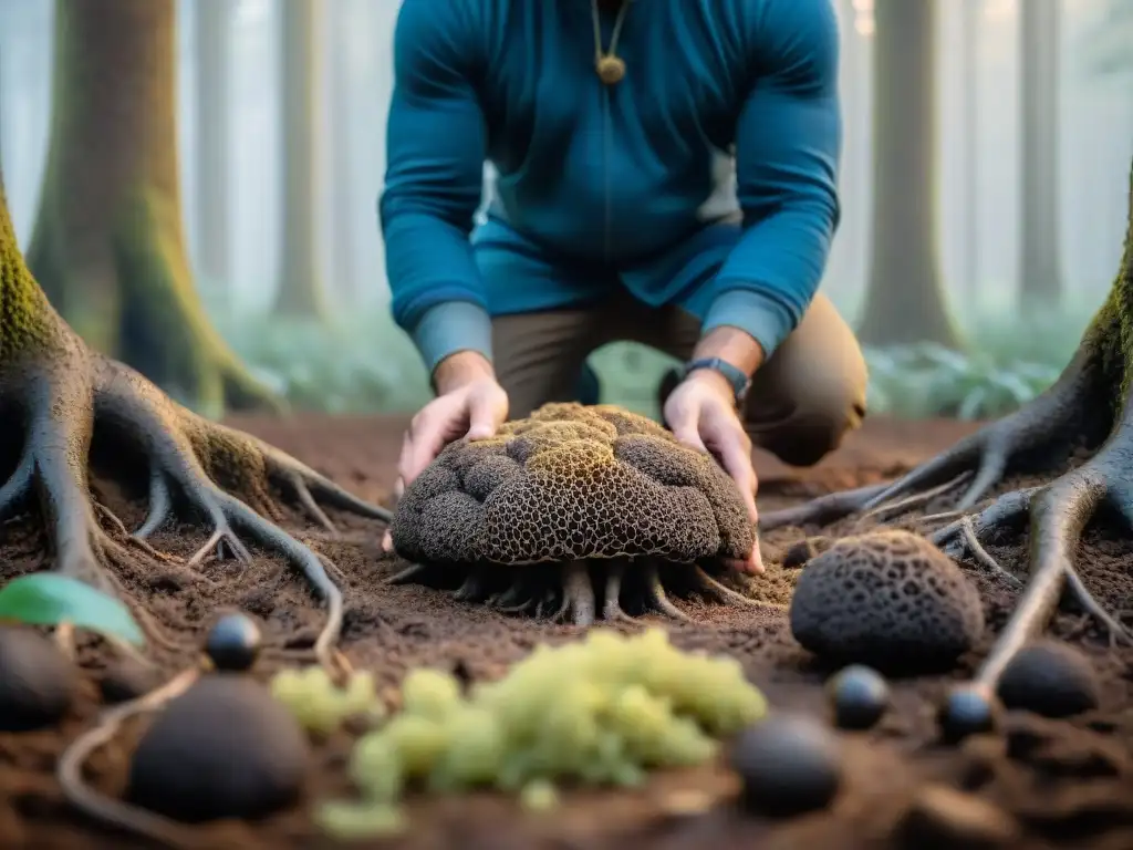 Un bosque misterioso al amanecer, donde se encuentra un valioso tesoro gastronómico: trufas negras