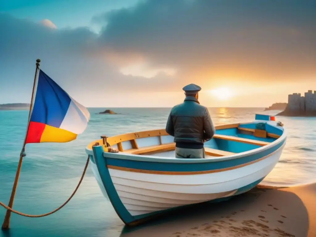 Barco de pescador francés al atardecer en Bretaña Un bote de pescador francés en Bretaña al atardecer, con banderas coloridas ondeando al viento