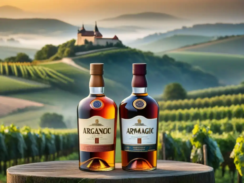 Dos botellas de Armagnac y Cognac destacan sus diferencias en etiquetas y formas en un escenario campestre francés