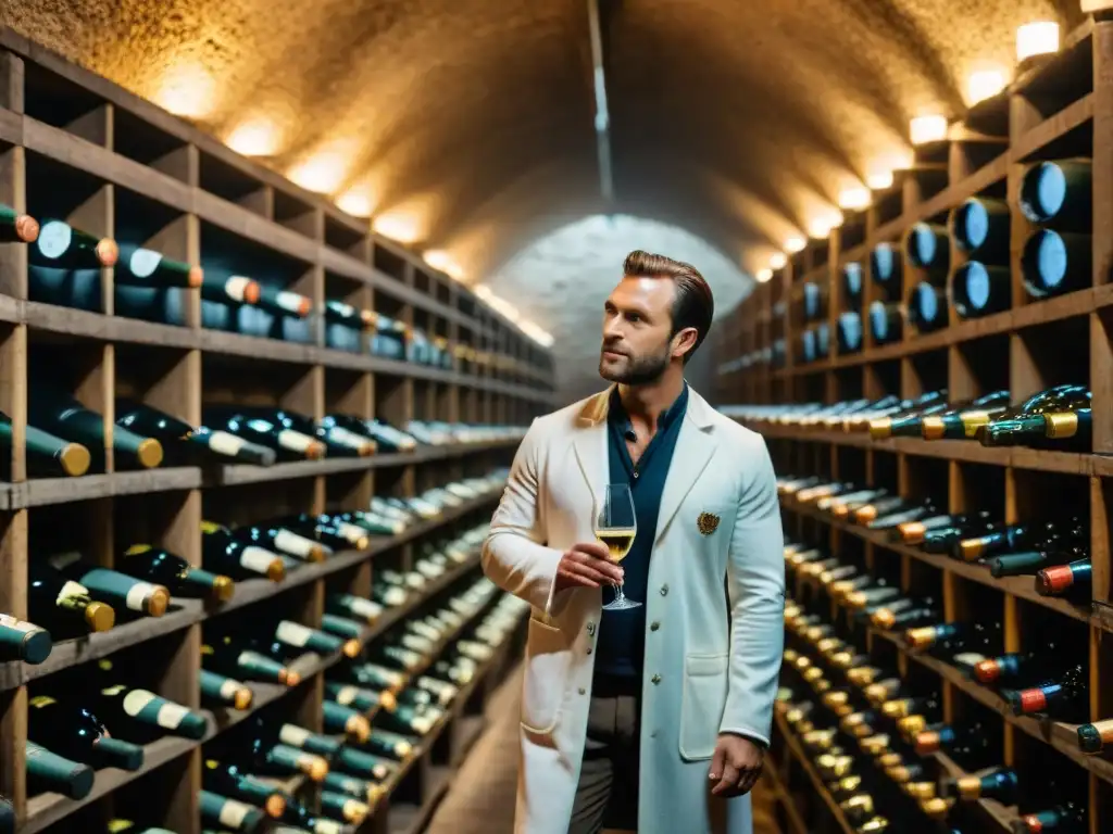 Winemaker inspeccionando botellas de champagne en bodega francesa