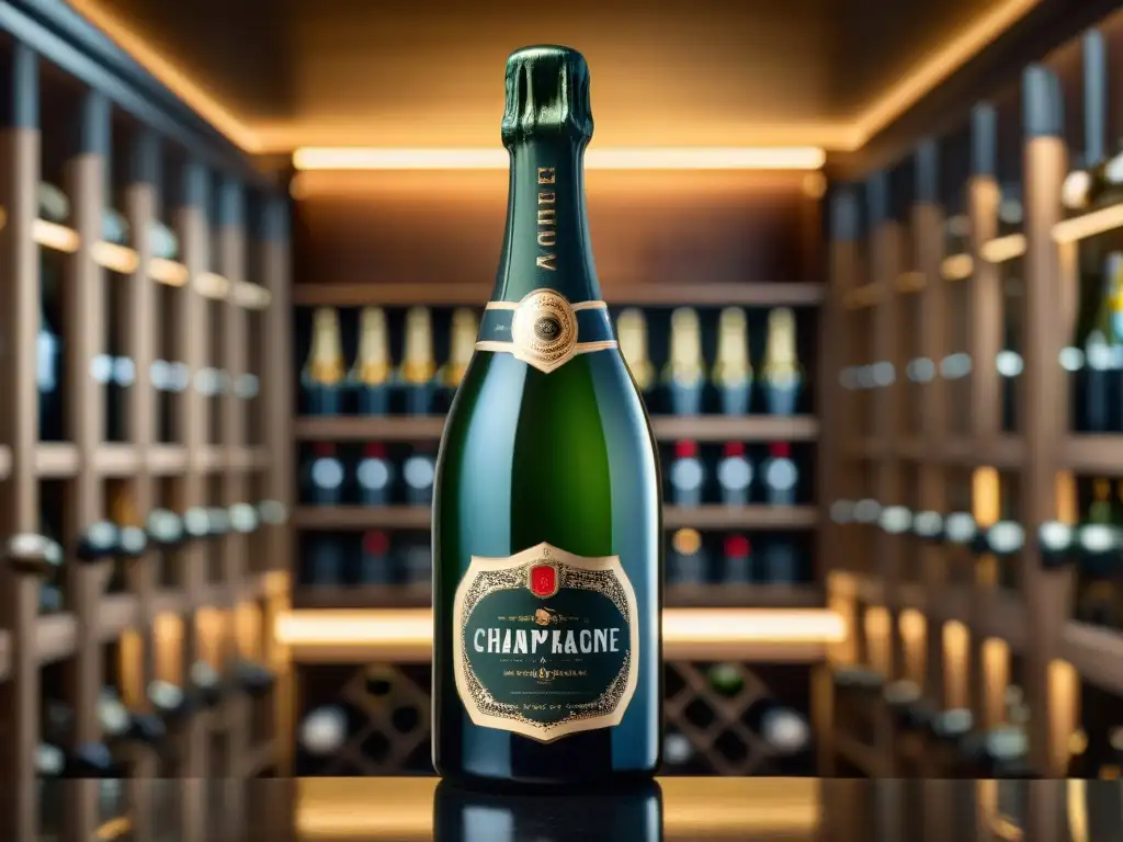 Dos botellas de Champagne: una marca prestigiosa y otra alternativa, reflejando lujo y accesibilidad en una bodega