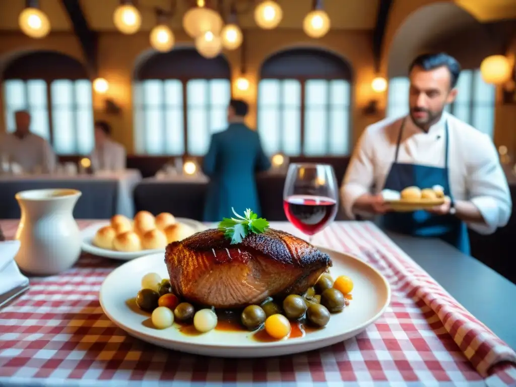 Un bouchon tradicional lyonnais rebosante de comensales disfrutando de platos clásicos franceses como coq au vin y quenelles de brochet, con un acogedor interior con manteles a cuadros, botellas de vino vintage en exhibición y un chef preparando habilidosamente un pl