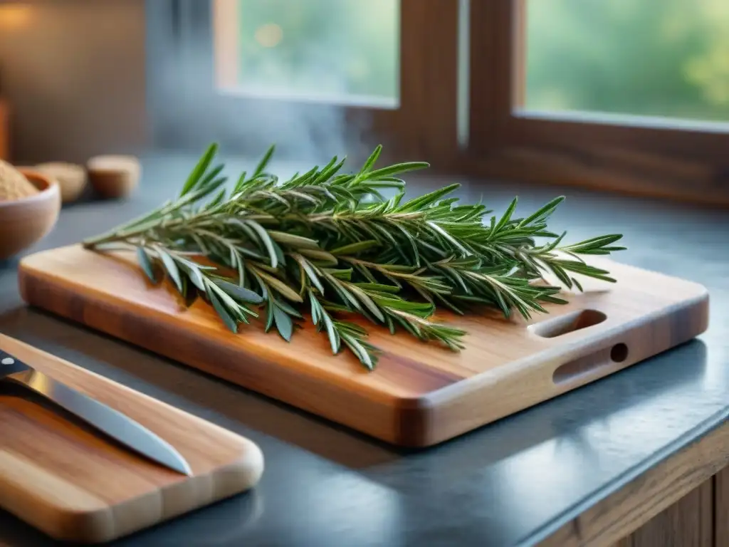 Un bouquet fresco de especias francesas para cocina sobre tabla de madera, bañado por la luz cálida del sol