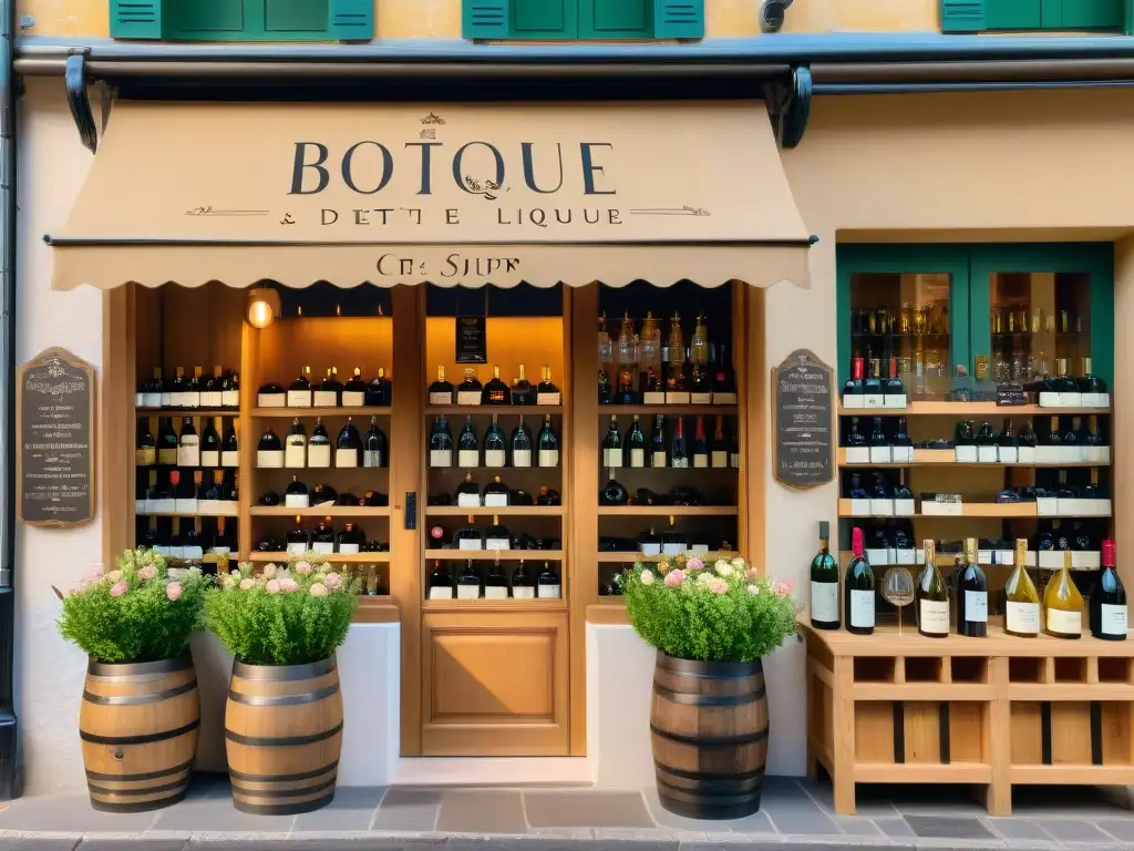 Boutique de Vins: Encanto y vinos franceses en el campo Una boutique de vinos francesa rústica y acogedora con flores coloridas, barriles de vino y un sommelier atento