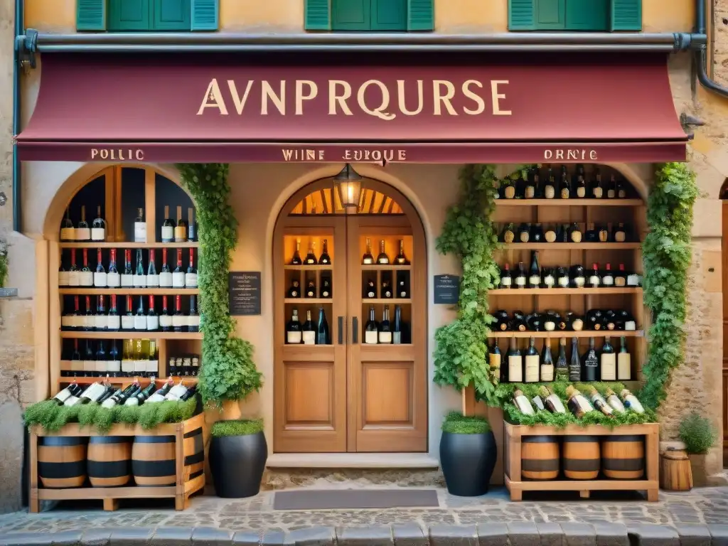 Boutique de vinos franceses en encantador pueblo pintoresco Una boutique de vinos franceses en una encantadora calle empedrada, con barricas de roble y estantes llenos de exquisitas botellas