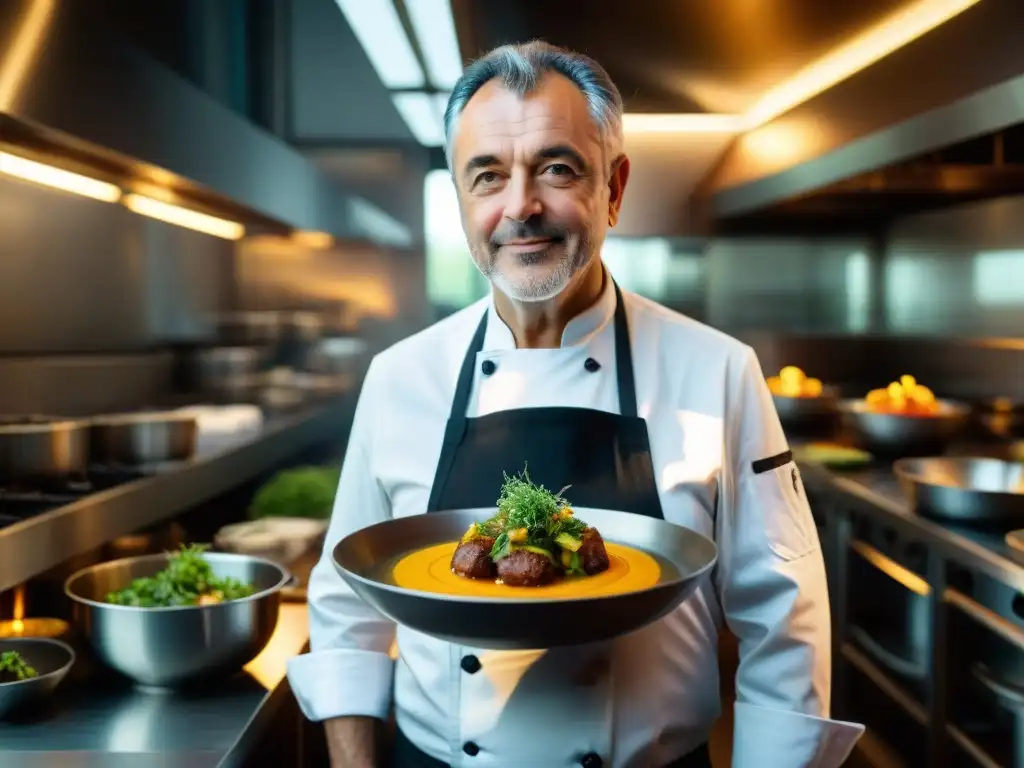 Michel Bras, maestro de la gastronomía francesa innovadora, crea plato en su cocina