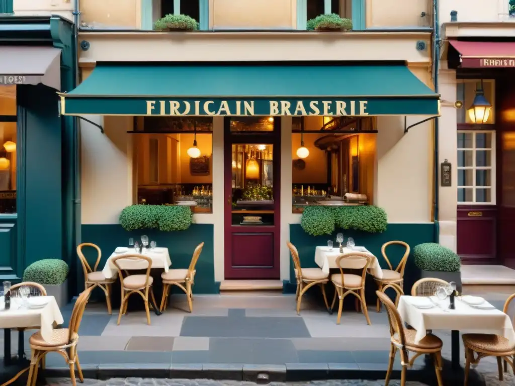 Una brasserie francesa tradicional y moderna: mesas, sillas, escargot, coq au vin, crème brûlée y vino Bordeaux