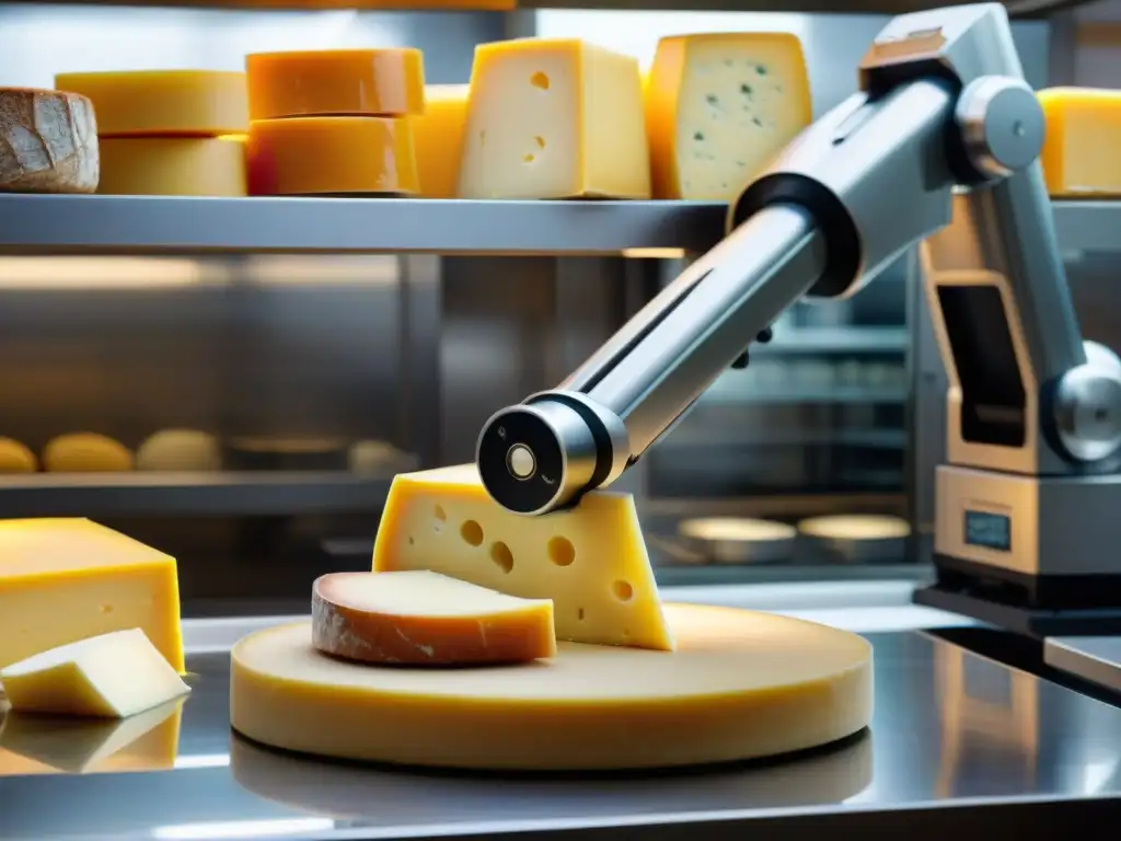 Un brazo robótico de alta tecnología corta quesos con precisión en una fromagerie moderna en Francia