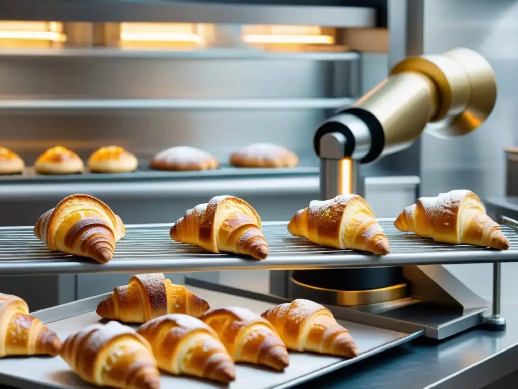 Un brazo robótico coloca croissants dorados en una panadería futurista