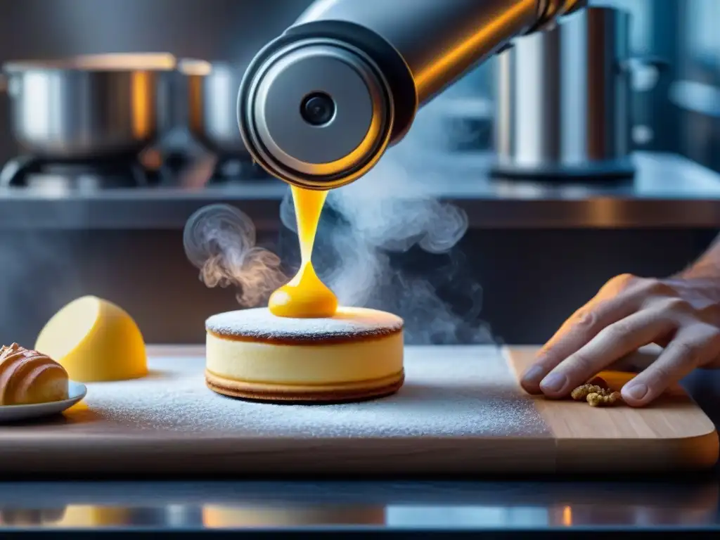 Un brazo robótico de última generación preparando una delicada capa de pastelería francesa, fusionando tradición e innovación