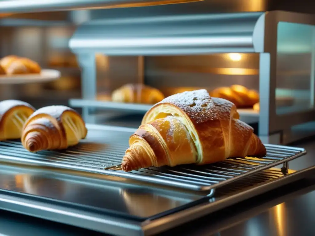 Un brazo robótico coloca con delicadeza un croissant dorado recién horneado en una rejilla de enfriamiento