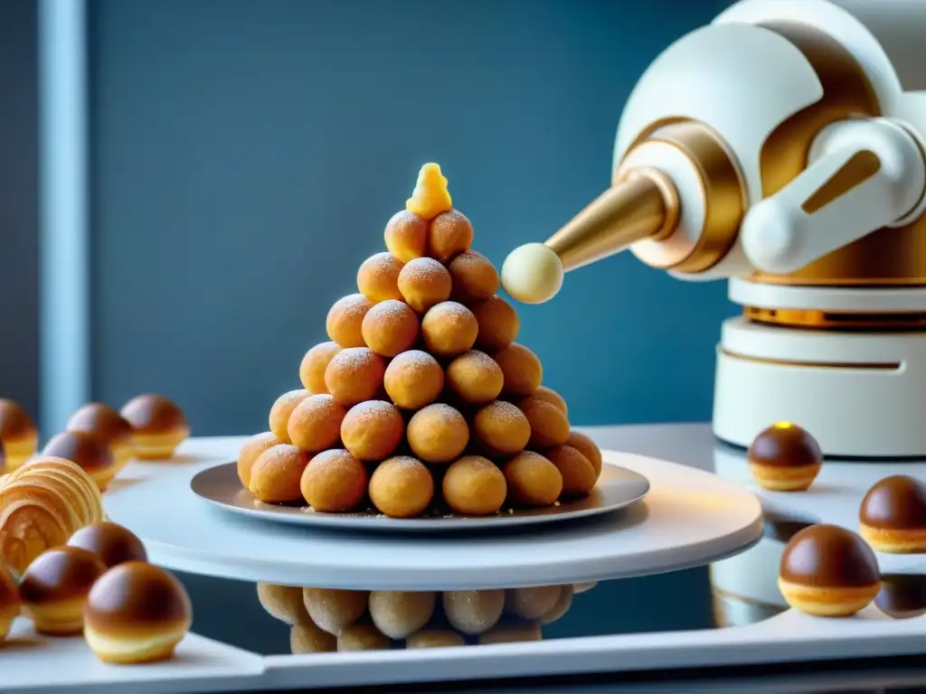 Un brazo robótico futurista ensambla con precisión un croquembouche en una cocina francesa moderna