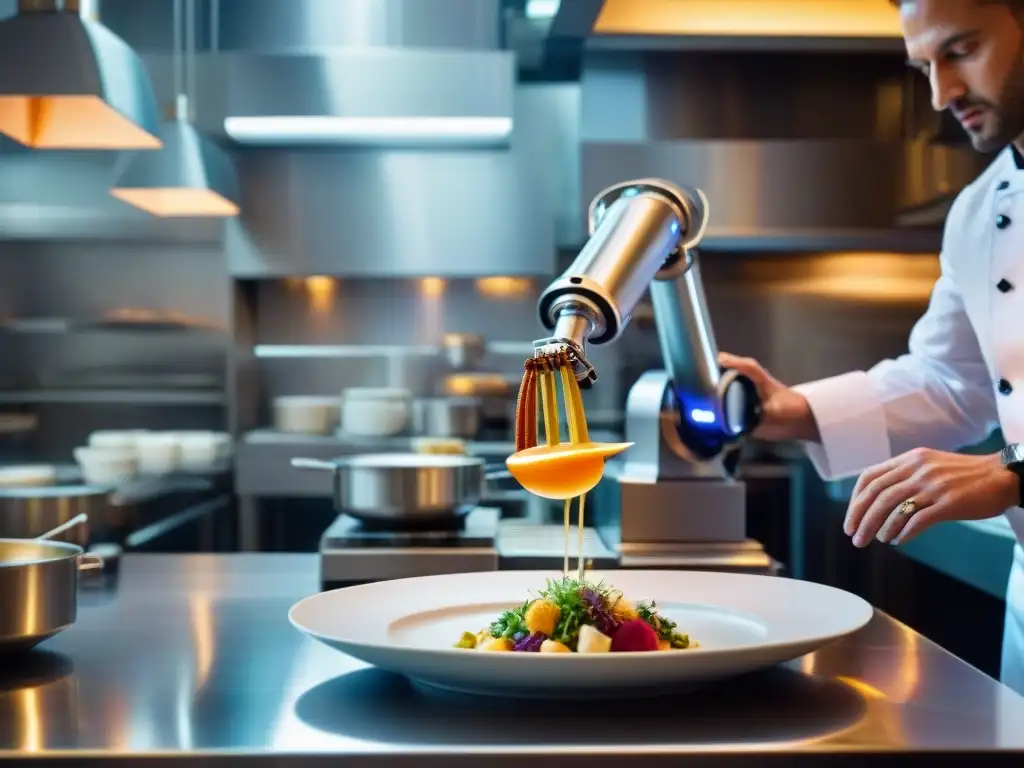 Un brazo robótico futurista sirviendo un platillo en una cocina francesa, con chefs observando