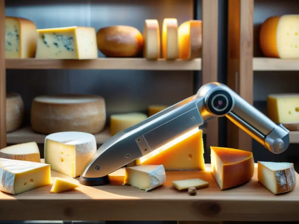 Un brazo robótico cortando delicadamente queso francés en una fromagerie