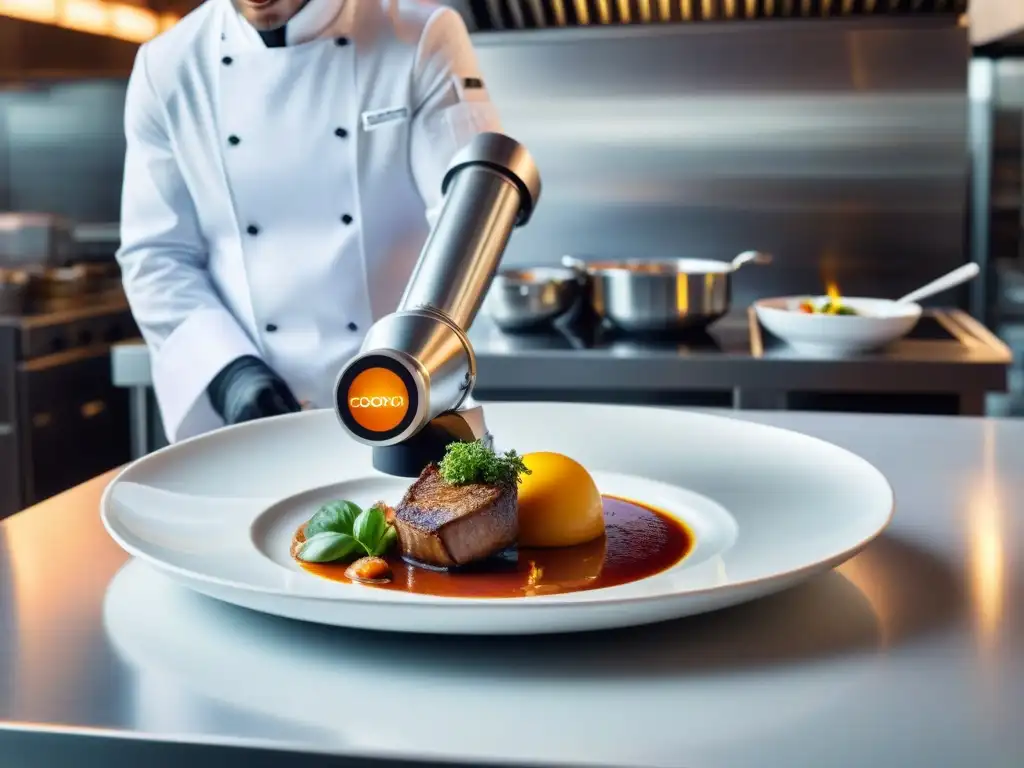 Un brazo robótico de vanguardia sirviendo platos franceses en cocina moderna, fusionando tecnología con la cocina francesa