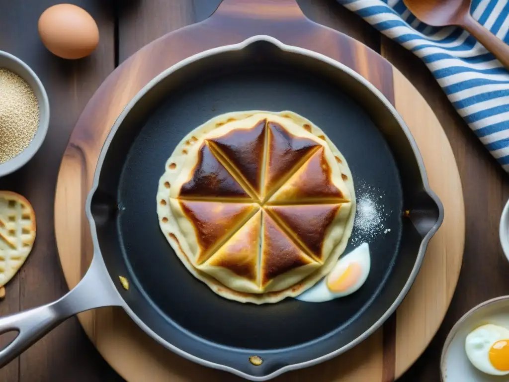 Un Galette Bretona cocinando en sartén de hierro, con vapor y burbujas, en mesa rústica con ingredientes