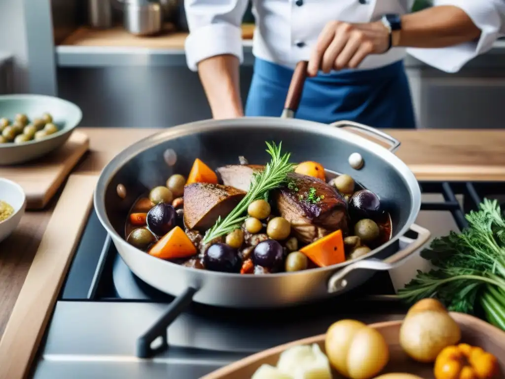Vegan Coq au Vin: Cocina francesa vegana en acción Una bulliciosa cocina francesa llena de chefs preparando platos veganos tradicionales con un toque vegano