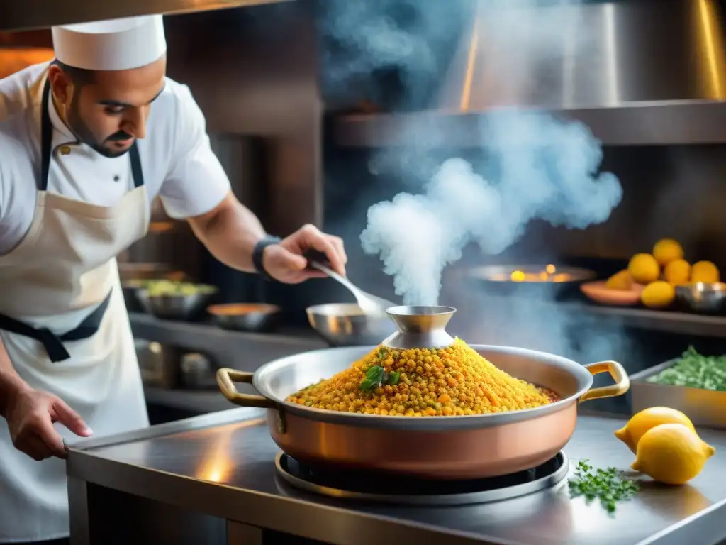 En la bulliciosa cocina francesa, un tagine marroquí se cocina con influencias marroquíes en restaurantes franceses