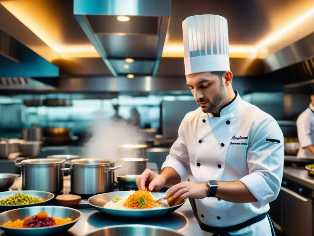 En la bulliciosa cocina de un restaurante estrella Michelin en Francia, chefs preparan exquisitos platos con precisión y creatividad