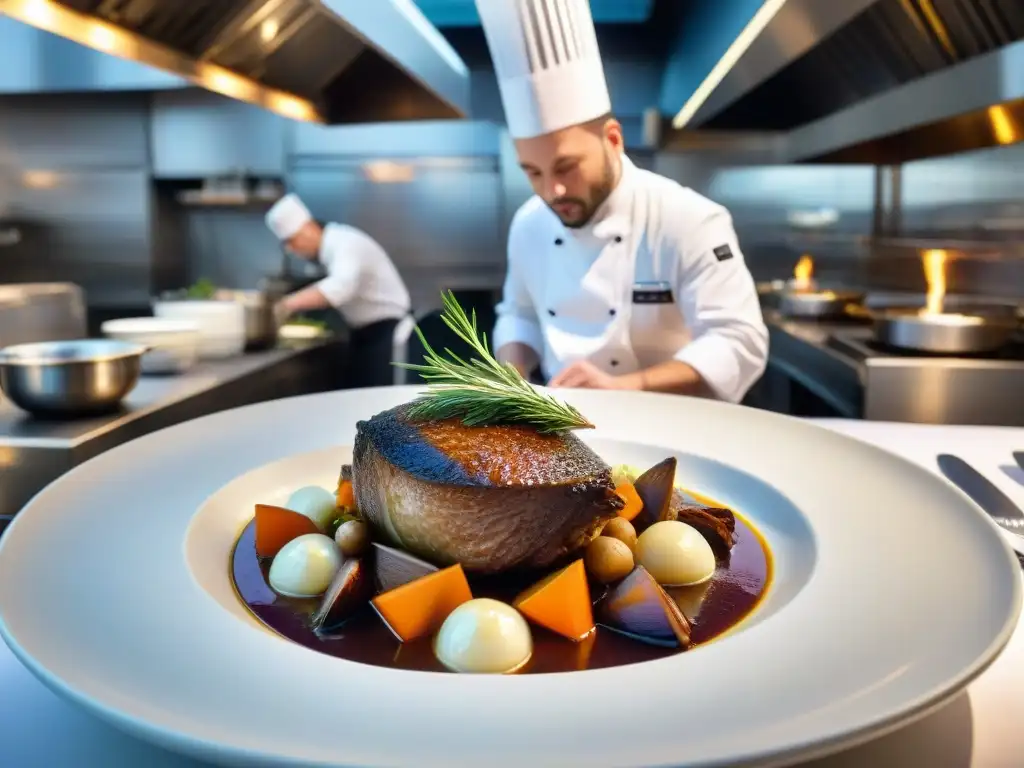 En la bulliciosa cocina de un restaurante francés de alta cocina, chefs trabajan con precisión y creatividad