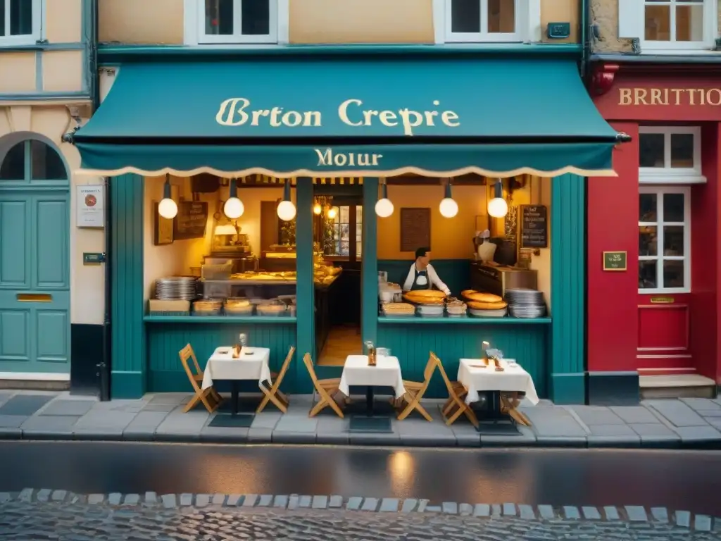 Crepería bretona: tradición gastronómica en acción Una bulliciosa crepería bretona con auténtica gastronomía francesa en Bretaña