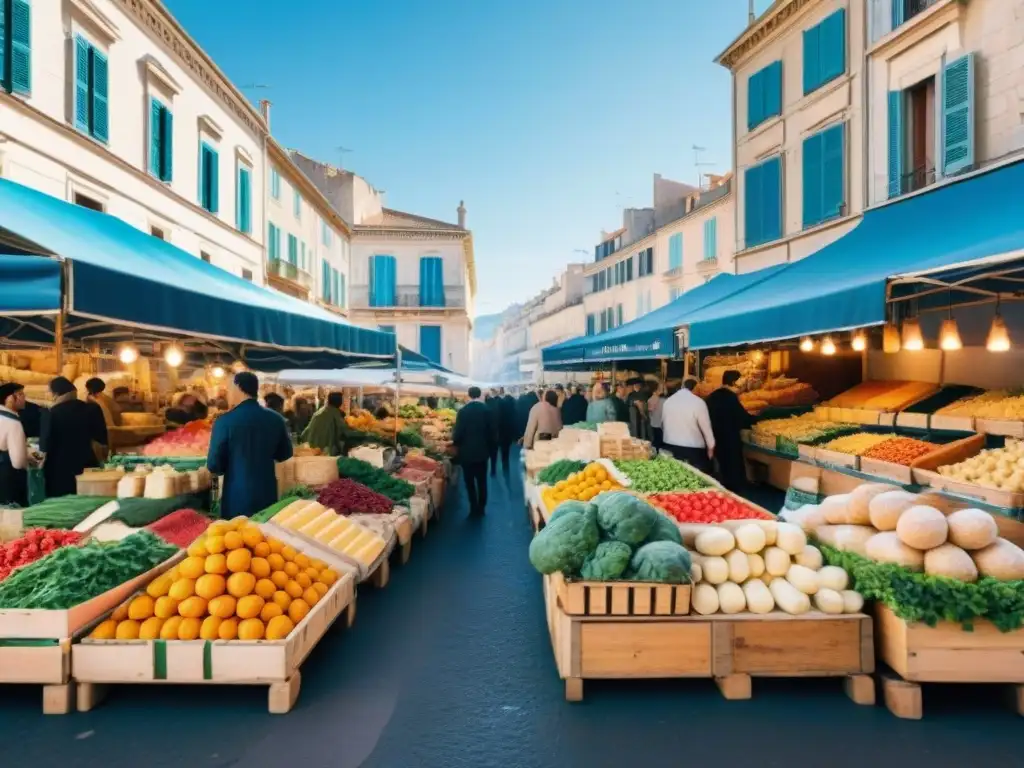 Una bulliciosa escena de mercado al aire libre en Marsella, Francia, llena de gastronomía francesa en Marsella