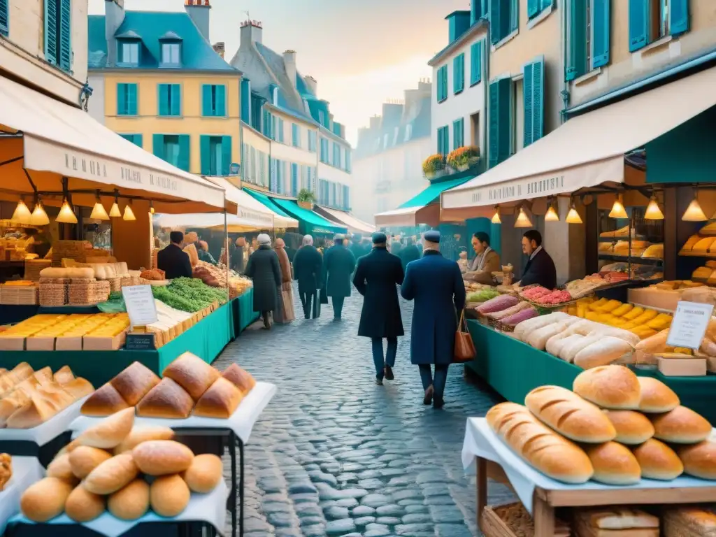 Una bulliciosa escena de mercado francés con gastronomía tradicional e innovadora, influenciada por la rica cultura culinaria