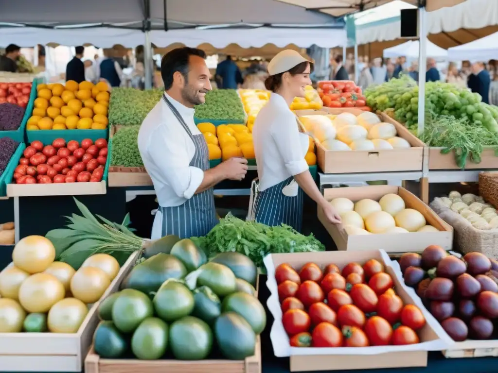 Una bulliciosa feria de agricultores en Francia, con productos locales y chefs seleccionando ingredientes para su cocina sostenible en Francia