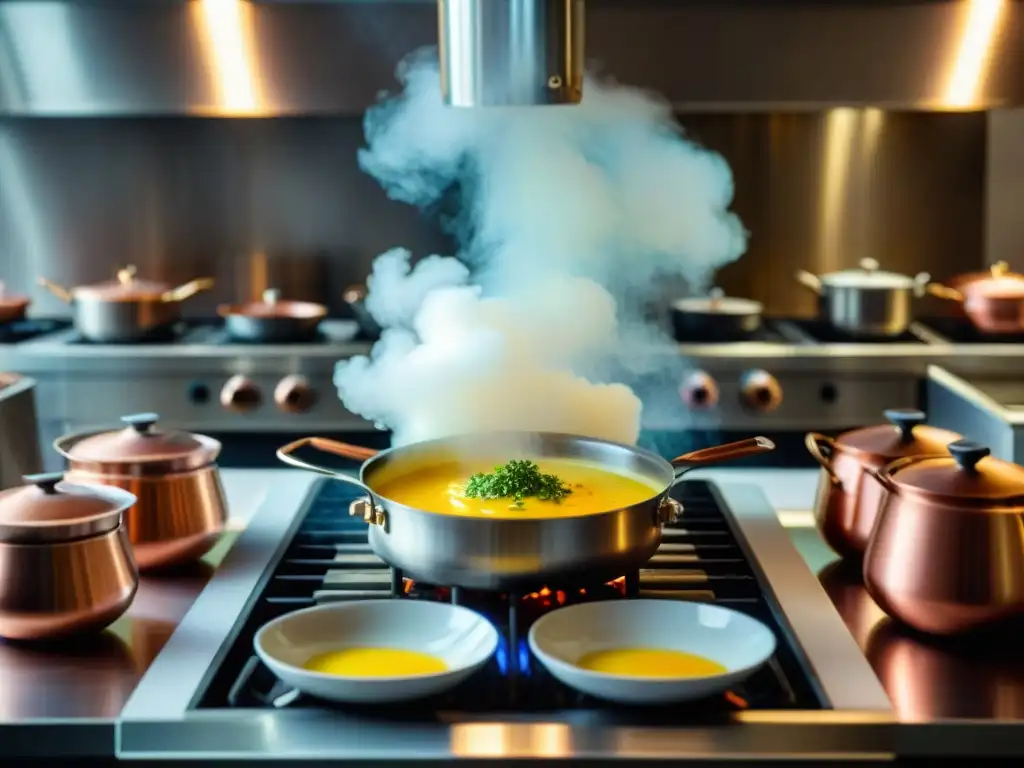 Un bullicioso ambiente de cocina francesa tradicional, con chefs preparando salsas clásicas como Béarnaise, Hollandaise y Béchamel