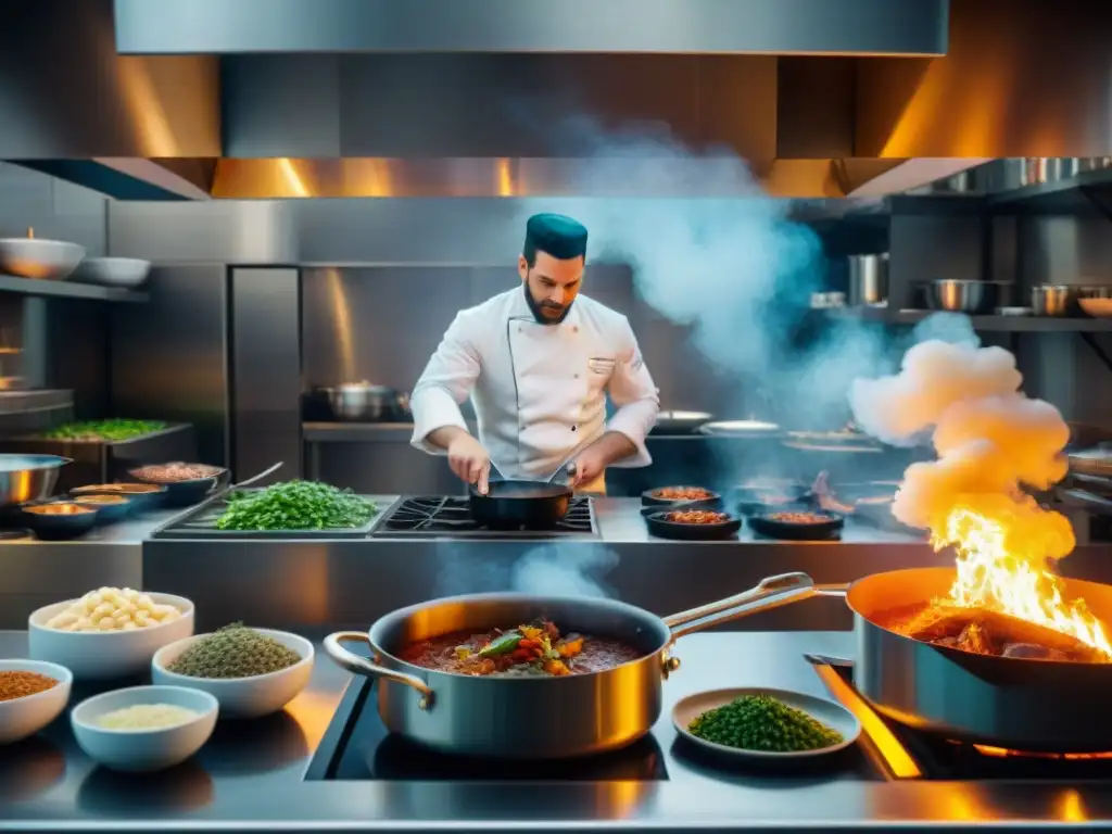 Un bullicioso ambiente de cocina francesa con chefs preparando platos clásicos