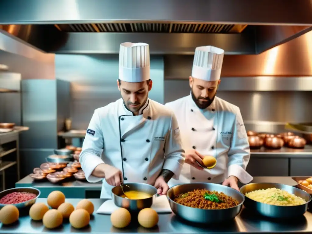 Cocina francesa: escuela culinaria con chefs en entrenamiento Un bullicioso ambiente de la escuela de cocina francesa, con chefs en formación y un entorno tradicional de gastronomía