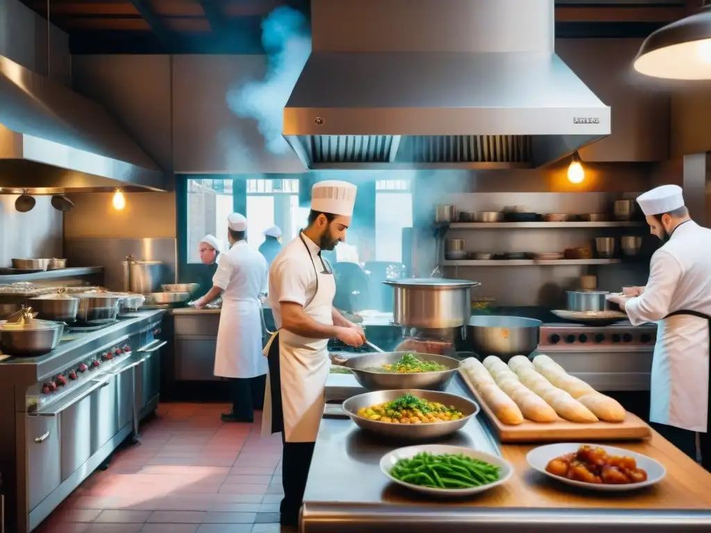 Un bullicioso bistró parisino durante la hora del almuerzo, con chefs preparando platos clásicos franceses