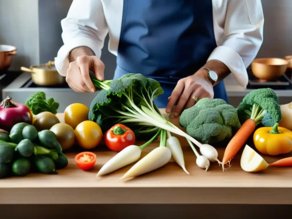 Un bullicioso cocina francesa con verduras frescas en evolución, chefs expertos transformando productos