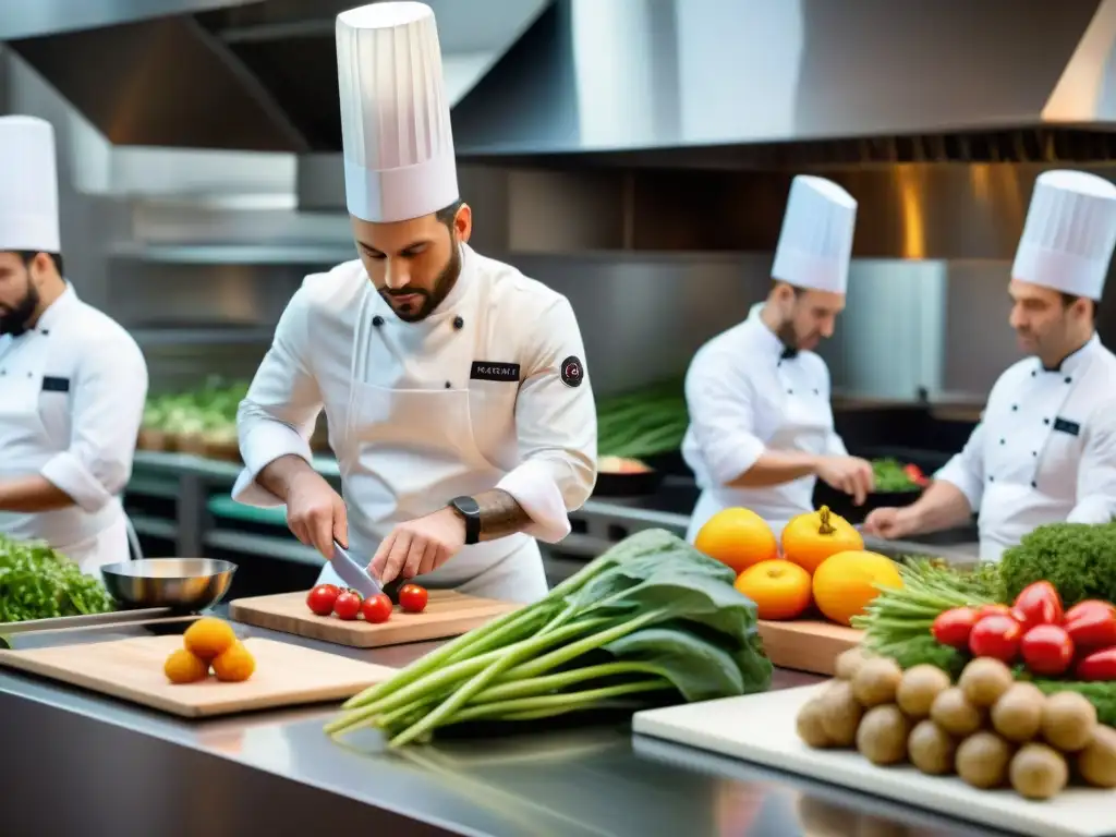 Un bullicioso y detallado bistró francés moderno donde chefs preparan recetas francesas balanceadas reinventadas