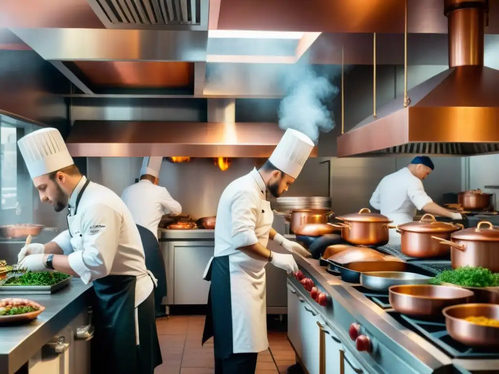 Un bullicioso y detallado ambiente de cocina francesa tradicional, chefs preparando platos clásicos con toque moderno