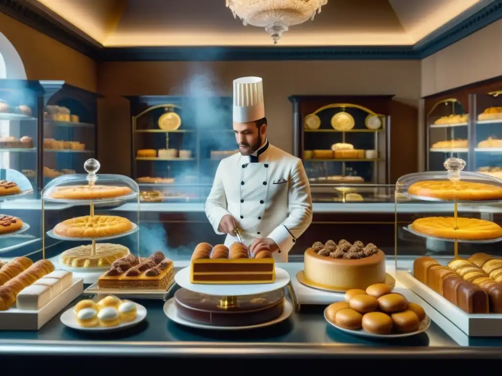 Un bullicioso y detallado pastelería francesa del siglo XIX, mostrando postres decadentes y clientes elegantes