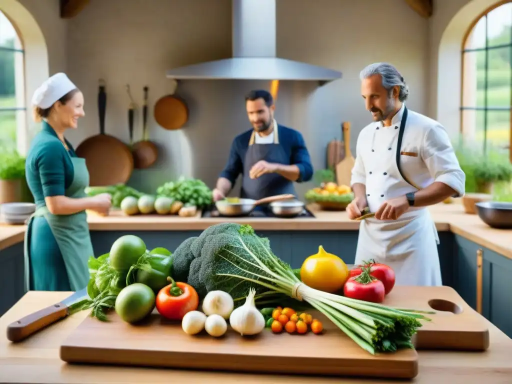 Un bullicioso y detallado retrato de una cocina francesa tradicional donde la permacultura y el arte culinario se fusionan