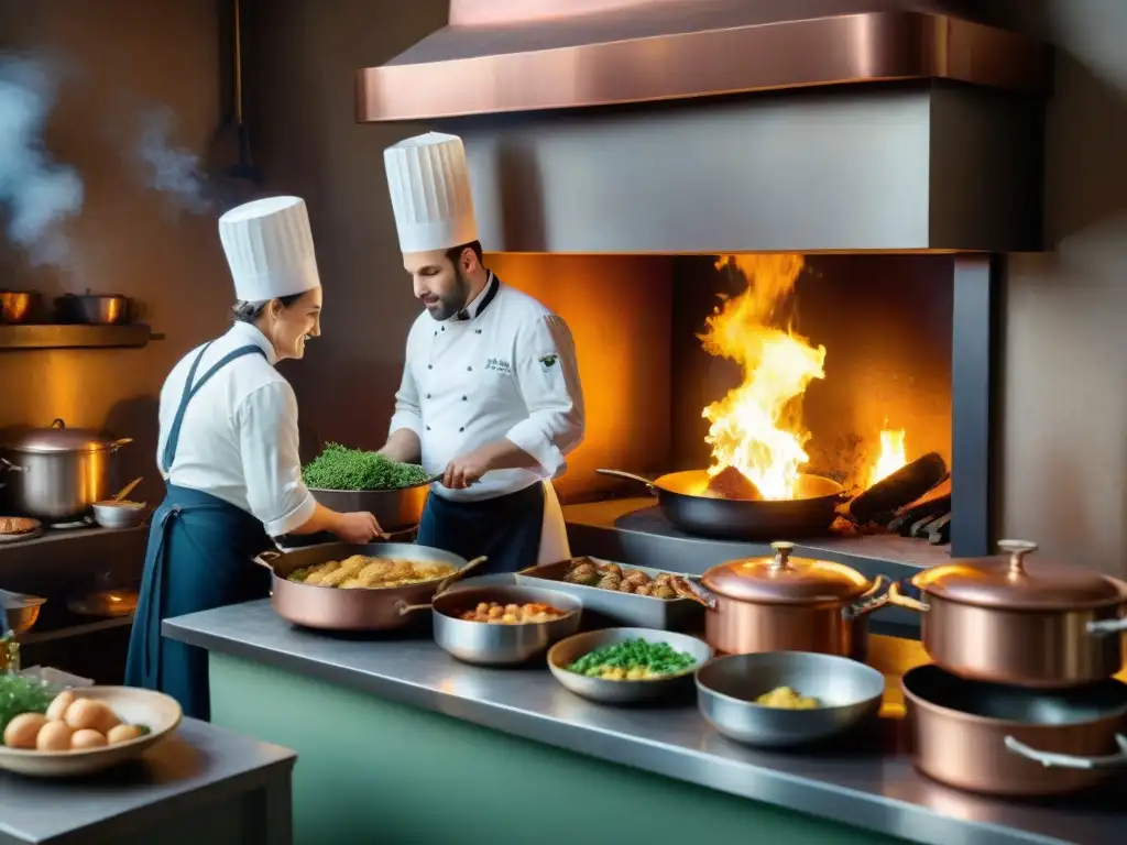 Un bullicioso y detallado retrato de una cocina francesa del siglo XIX, donde chefs crean obras culinarias con utensilios vintage y fogones ardientes