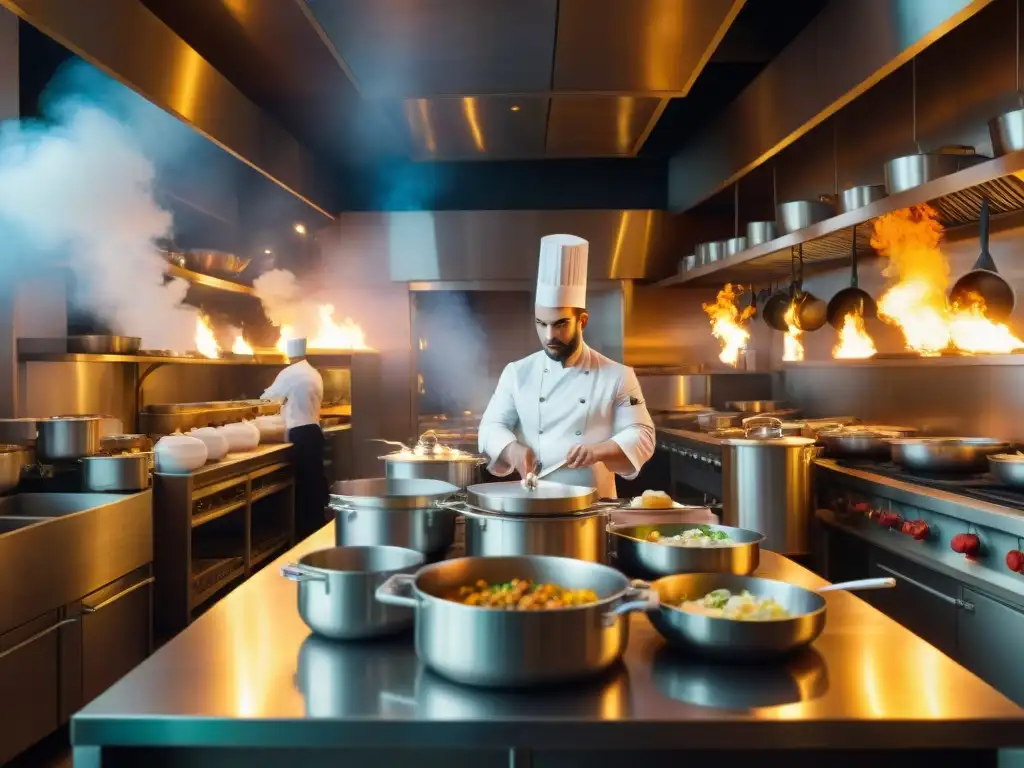 Un bullicioso escenario de cocina francesa en una noche de ópera con chefs preparando exquisitos platillos, mientras suena música clásica