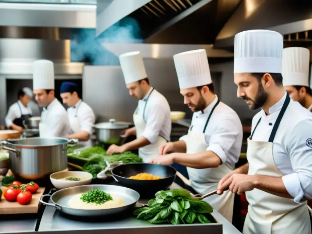 Un bullicioso escenario de cocina francesa con chefs en delantales blancos y toques, empleando innovaciones culinarias con pasión y precisión