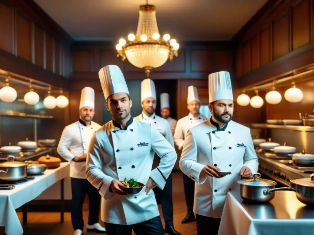 Un bullicioso escenario de cocina francesa con chefs y música clásica ambiental