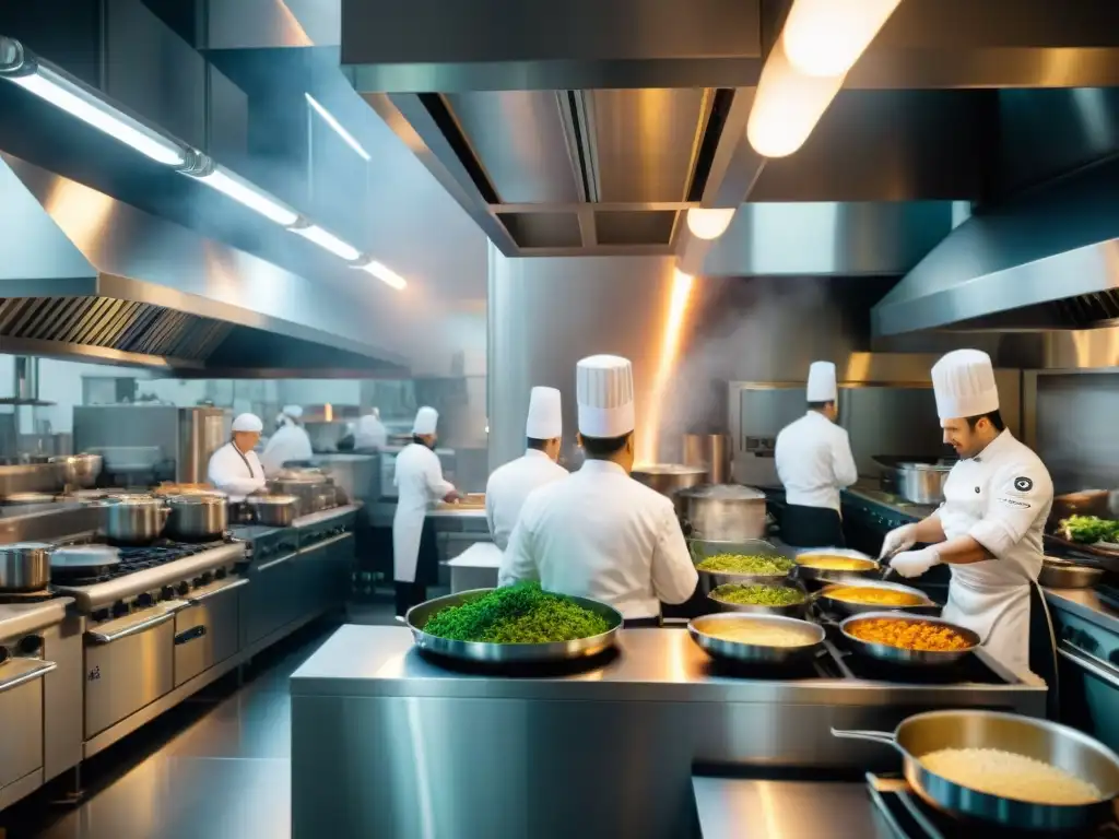 Un bullicioso escenario en una cocina de restaurante Michelin durante horas pico, con chefs preparando platos intricados