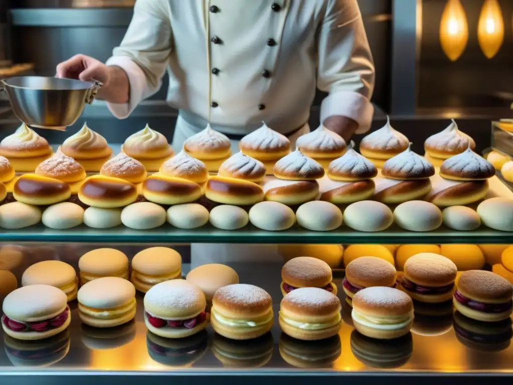 Un bullicioso escenario en una pastelería francesa del siglo XIX, donde chefs crean postres con innovación