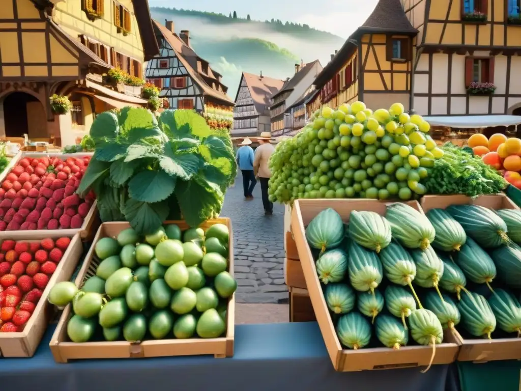 Un bullicioso mercado de agricultores en Alsacia, Francia, muestra frutas y verduras vibrantes