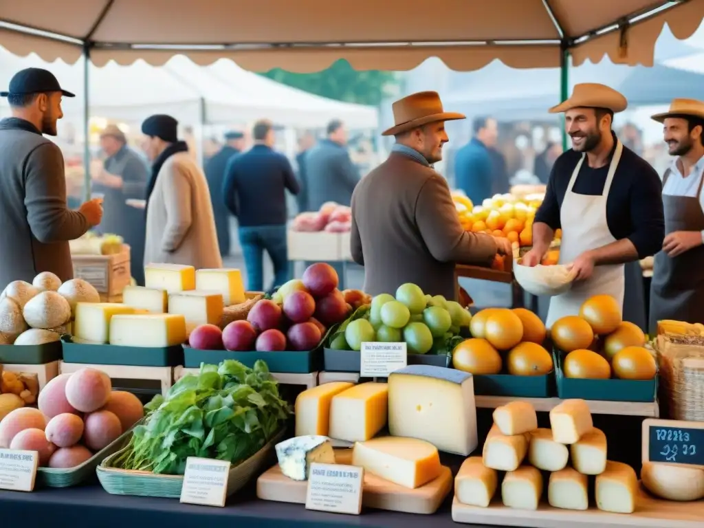 Un bullicioso mercado de agricultores francés con productos frescos y coloridos, destacando innovaciones culinarias francesas sostenibles